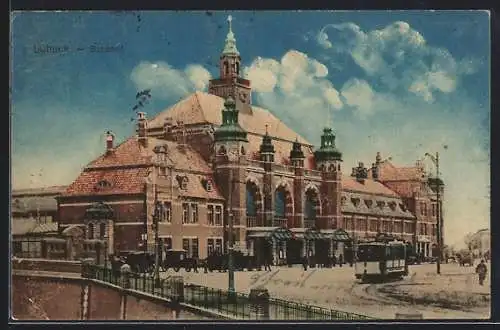 AK Lübeck, Bahnhof mit Strassenbahn