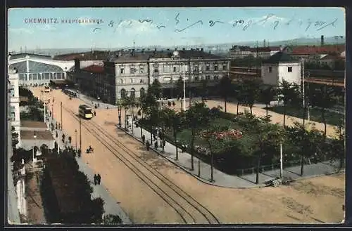 AK Chemnitz, Hauptbahnhof mit Vorplatz und Strassenbahn