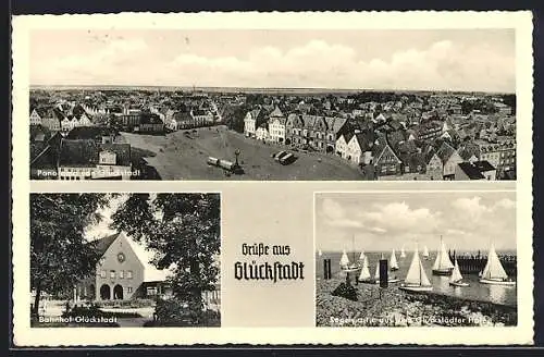 AK Glückstadt, Panorama der Stadt, Bahnhof und Segelpartie aus dem Hafen