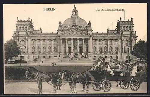 AK Berlin-Tiergarten, Reichstagsgebäude mit Denkmal und Pferdewagen