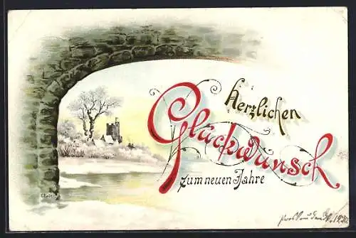 Vorläufer-AK Neujahrsgruss mit Burg und verschneiter Uferpartie, 1890