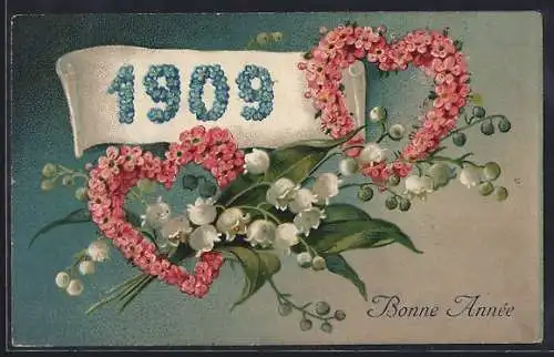 Präge-AK Blumen-Herzen mit Neujahrsgruss 1909 und Maiglöckchen