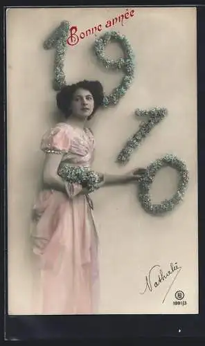 AK Dame mit Jahreszahl 1910 aus Blumen, Neujahrsgruss