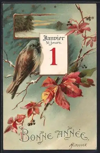 AK Neujahrsgruss, Kalenderblatt 1. Januar mit Singvogel und Winterlandschaft