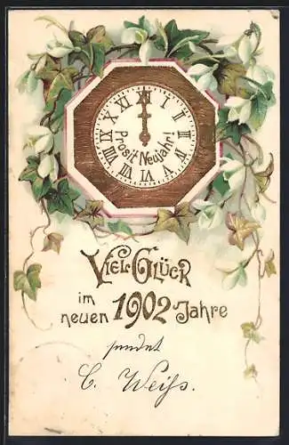 AK Jahreszahl 1902 und Uhr um Mitternacht gerahmt von Efeu, Neujahrsgruss