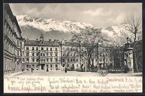 AK Innsbruck, Carl Ludwig-Platz mit Litfasssäule und Bergpanorama