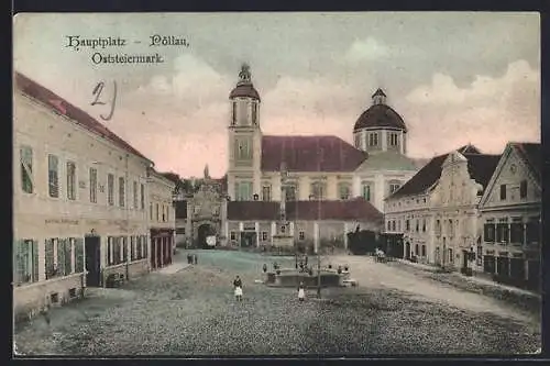 AK Pöllau /Oststeiermark, Hauptplatz mit Kirche und Brunnen