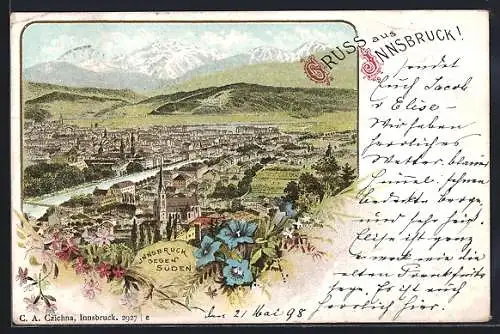 Lithographie Innsbruck, Panorama gegen Süden