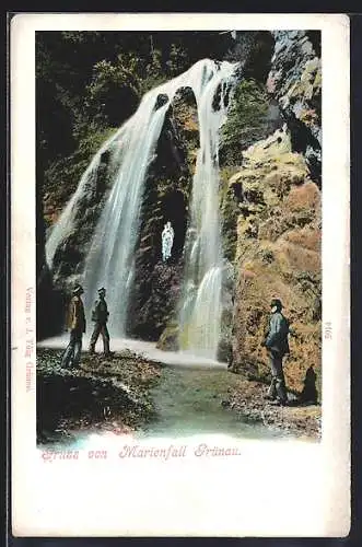 AK Grünau, Männer am Marienfall, Wasserfall