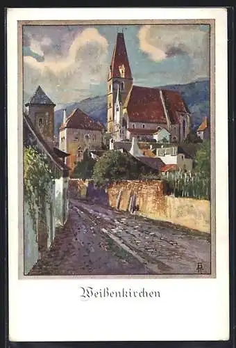 AK Weissenkirchen, Wegpartie mit der Kirche - Karte Nr. 162 des deutschen Schulvereins, Deutscher Schulverein