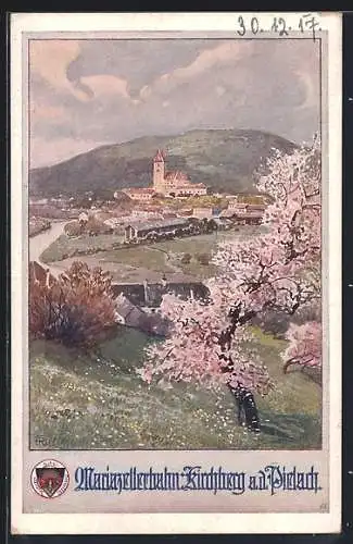 AK Deutscher Schulverein Nr. 711: Kirchberg a. d. Pirlach, Panorama zur Baumblüte, Mariazellerbahn