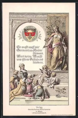 AK Deutscher Schulverein 1880, Frau in Kleid mit Schild und Schwert, Kinder und Engel, Wappen