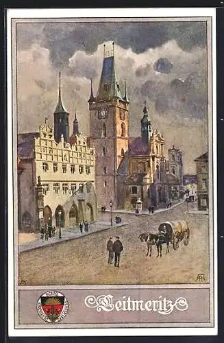 AK Leitmeritz-Litomerice, Strassenpartie mit Kutsche, Banner des deutschen Schulvereins 1880, Deutscher Schulverein