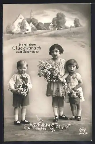 Foto-AK Amag Nr.64160 /2: Glückwunsch zum Geburtstag, Kinder mit Blumensträussen