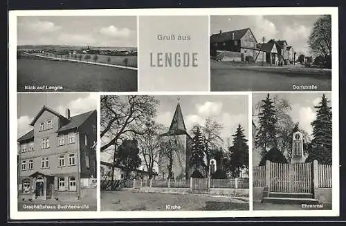 AK Lengde, Geschäftshaus Buchterkirche, Dorfstrasse, Ehrenmal und Kirche