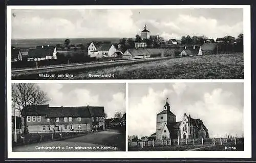 AK Watzum a. E., Gastwirtschaft & Gemischtwaren v. H. Kremling, Kirche und Gesamtansicht