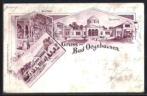 Lithographie Bad Oeynhausen, Kurhaus, Thermalbad und Wandelbahn