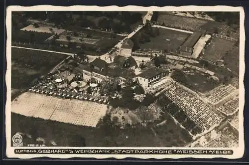 AK Meissen a. Elbe, Gebhardt`s Restaurant Stadtparkhöhe vom Flugzeug aus