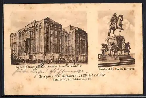 AK Berlin, Restaurant Zur Bavaria, Friedrichstrasse 180, Denkmal der Grosse Kurfürst