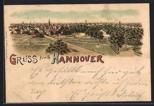 Lithographie Hannover, Stadtpanorama aus der Vogelschau