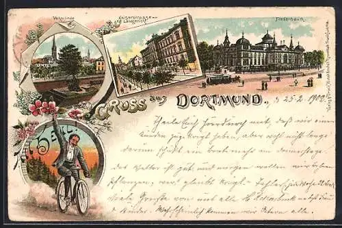 Lithographie Dortmund, Kaiserstrasse mit Kgl. Landgericht, Fredenbaum und Vehmlinde