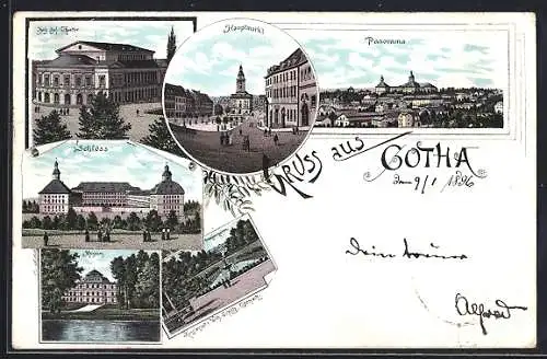 Lithographie Gotha, Herz. Hof-Theater, Panorama, Hauptmarkt, Museum