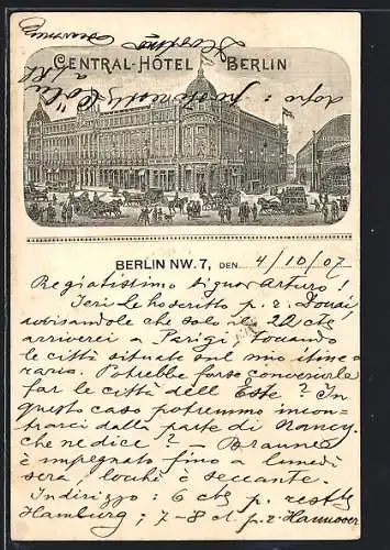 Lithographie Berlin, Geschäftiges Treiben vor dem Central-Hotel