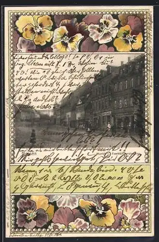 Lithographie Nossen, Markt und Freibergerstrasse, florales Passepartout