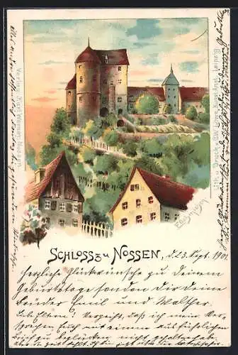 Lithographie Nossen, Blick auf das Schloss