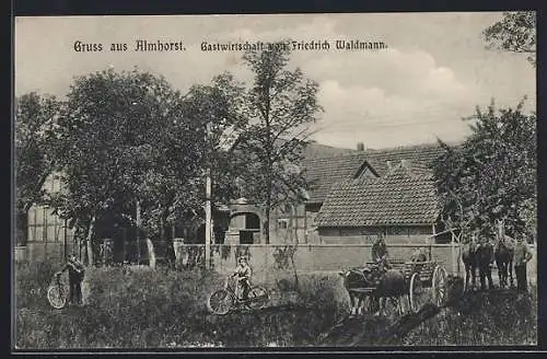 AK Almhorst, Gasthaus F. Waldmann, Panorama mit kleiner Versammlung, Fahrrad, Ochsenkarren