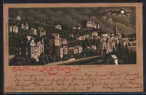 Lithographie Marburg, Blick von der Schwan-Allee auf die Stadt, Mond