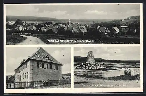 AK Gottsbüren i. Reinhardswald, Denkmal f. d. Gefallenen im Dritten Reich, Schule, Ortspanorama mit Landstrasse