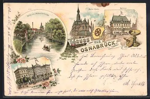 Lithographie Osnabrück, Blick von der Neumarktsbrücke, Rathaus, Wappen, Justizgebäude