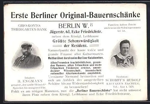 AK Berlin, Gasthaus Bauernschänke H. Engmann, Jägerstrasse 63, Portraits Inhaber u. Direktor, Werbetext