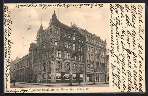 AK Berlin, Carlton-Hotel, Unter den Linden 32, von der Strasse gesehen