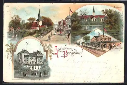 Lithographie Hamburg-Bergedorf, Ortsansicht, Schloss, Hotel Fernsicht