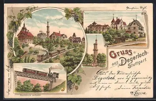 Lithographie Stuttgart-Degerloch, verschiedene Ansichten der Ortschaft mit Bergbahn