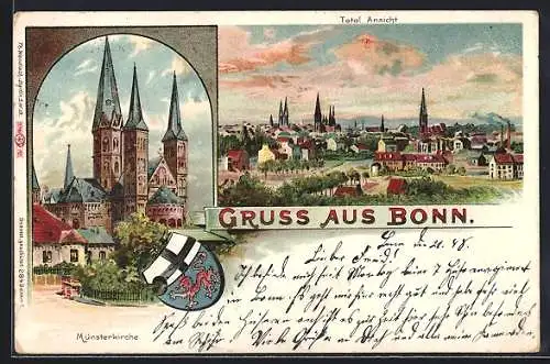 Lithographie Bonn, Münsterkirche, Panorama