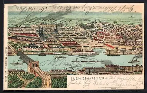 Lithographie Ludwigshafen /Rh., Schematische Stadtansicht mit Brücke aus der Vogelschau