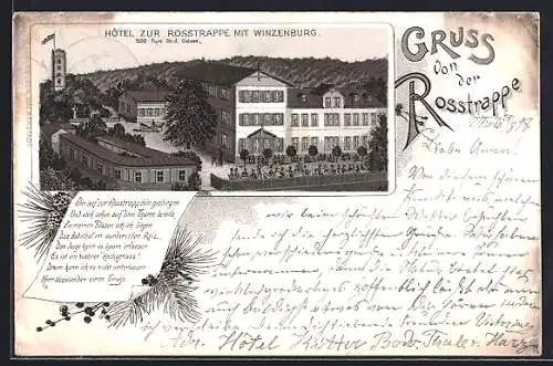 Lithographie Thale /Harz, Hotel zur Rosstrappe und die Winzenburg