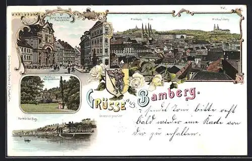 Lithographie Bamberg, Forsthaus Kunigundenruhe, Grüner Markt mit Martinskirche