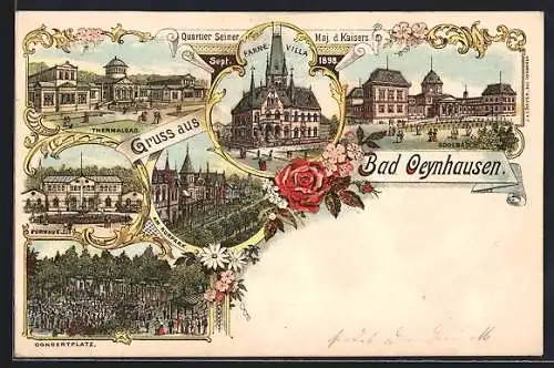 Lithographie Bad Oeynhausen, Kurhaus, Thermalbad, Am Kurpark