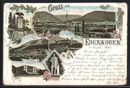 Lithographie Edenkoben, Kropsburg, Kurhaus, Villa Ludwigshöhe, Ortsansicht