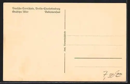 AK Berlin-Charlottenburg, Deutsche Turnschule, Graditzer Allee, Volksturnsaal, Innenansicht