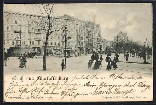 AK Berlin-Charlottenburg, Wilhelmsplatz mit Geschäften und Strasenbahn