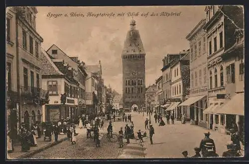 AK Speyer a. Rhein, Hauptstrasse mit Blick auf das Altpörtel