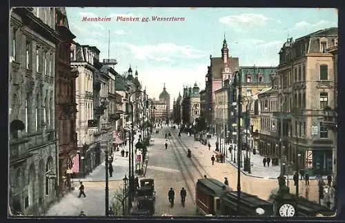 AK Mannheim, Planken gg. Wasserturm mit Strassenbahn