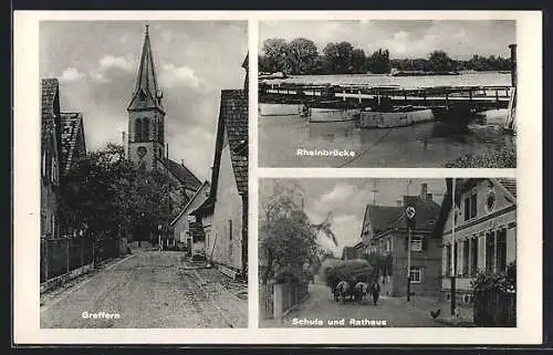 AK Greffern, Strasse zur Kirche, Rheinbrücke, Schule und Rathaus