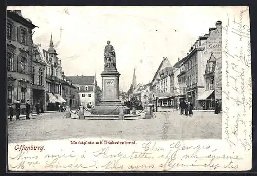 AK Offenburg, Marktplatz mit Drakedenkmal