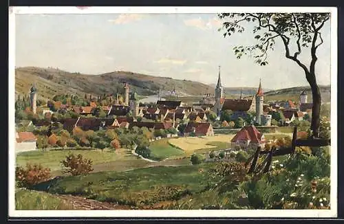 Künstler-AK Ochsenfurt / Main, Panoramablick auf die Stadt